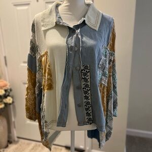 Women’s oversized blue white and yellow patchwork button up blouse size small